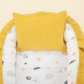 Resim Babynest ve Yastık - Çift Taraflı - Hardal Örgü - Kuş 