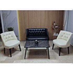 Resim Azra Mobilya Deri Çay Seti Koltuk Takımı + Sehpa - Oturma Grubu - Cafe Mobilya - Ofis Mobilya - Balkon Mobilya Siyah-krem 