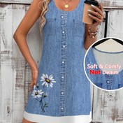 Resim Denim Baskılı/Yalancı Denim Yazlık Kadın Şık Non-denim Pantolon ve Denim Baskılı Çiçekli Uzun Kollu Yuvarlak Yaka Yelek 