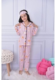 Resim Kız Çocuk Düğmeli Ayıcık Desenli Uzun Kollu Pijama Takımı-988 Pembe 