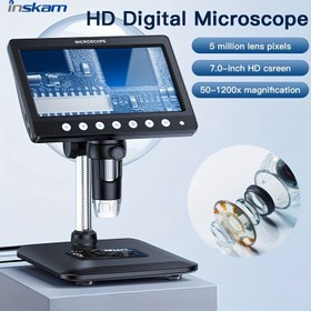 Resim Tinskam 17.78cm HD Dijital Mikroskop, 50-1200X Büyütme Oranı, 8 LED Halka Işık, SD Kart Yuvası ve Ergonomik Stand - PC/Laptop ile Uyumlu Eğitim, Biyoloji, Madeni Para/Mineral Tanımlama, Canlı Akış için İdeal Ev & Araştırma kullanımı İçin dijital mikroskop, biyolojik keşifler ve ayrıntılı görüntü çekimi için net büyük ekran monte edilmiş taşınabilir optik mikroskop 