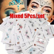 Resim 5'li SET Karışık Elmas Yüz Etiketleri | Renkli Simli Kristal Yüz Çıkartması, 3D Kendinden Yapışkanlı, Küçük Boyutlu, Reçine Malzeme 