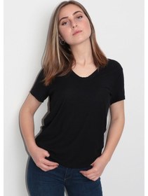 Resim Rich Kadın Organik V Yaka T-Shirt %100 Pamuk Tişört Siyah 