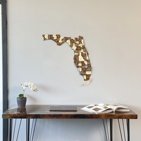 Resim 3D Ahşap Florida Haritası, Muhteşem Ahşap Duvar Dekoru - 90x55 cm 