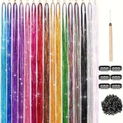 Resim 12 Parça Saç Tinsel Seti Isıya Dayanıklı 48/36 inç Parlayan 12 Renk Glitter Peri Saç Tinsel İplikleri Vurgular Saç Parçaları Sentetik İpek Kombin Tinsel Kadınlar Kızlar Parti Paskalya için 