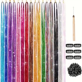 Resim 12 Parça Saç Tinsel Seti Isıya Dayanıklı 48/36 inç Parlayan 12 Renk Glitter Peri Saç Tinsel İplikleri Vurgular Saç Parçaları Sentetik İpek Kombin Tinsel Kadınlar Kızlar Parti Paskalya için 