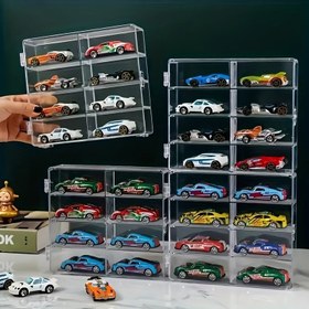 Resim 1 adet 1/64 Ölçekli Oyuncak Araba Akrilik Ekran Kutusu - Kristal Ekran Rafı Vitrin Dolabı Mini Oyuncak Araba ve Figürler için Gösteri Kutusu, 8 Bölme Şeffaf Depolama Kutusu 