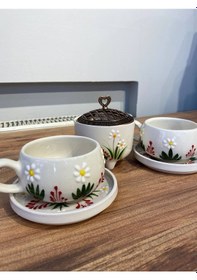 Resim Kırmızı Des Papatya El Yapımı Seramk Fincan,kupa Seti Ve Şekerlik 