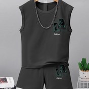 Resim Erkek Çocukları için LA 1987 Grafik Baskılı Yazlık Günlük Kıyafet - Bej Kolsuz Atlet & Şort Takımı, Esnek Polyester Karışımı, Makinede Yıkanabilir, Dış Mekanlar İçin Mükemmel 