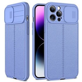 Resim Teleplus Apple iPhone 14 Pro Max Lensi Kamera Korumalı Deri Dokulu Silikon Mor Kılıf 