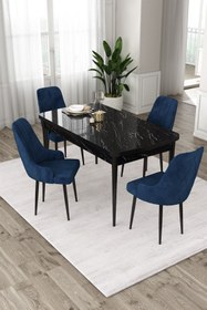 Resim Canisa Eta Serisi 80x132 Mdf Siyah Mermer Desenli Açılabilir Masa 4 Lacivert Sandalye Mutfak Masa Takımı 