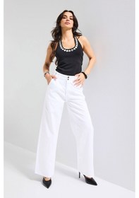 Resim Itsbasic Kadın Beyaz 5s6-2 Wide Leg Kemer Detaylı Denim Jean 