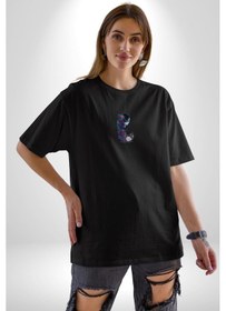 Resim Cadılar Siyah Güller Siyah Oversize Unisex Ön Orta Minimal Baskılı Tişört Siyah 