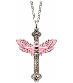 Resim Pembe Kelebek Detaylı Gotik Haç Kolye Gümüş Renk Zincir Unisex Çok renkli 