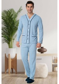 Resim Mecit Pijama Mecit 22767 Erkek Mavi Önden Düğmeli Büyük Beden Pijama Takımı 