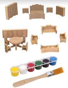 Resim Boyanabilir Ahşap Oyuncak 15 Adet Minyatür Mobilya Takımı 6 Lı Bo 