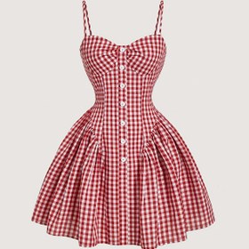 Resim Kadın Kırmızı ve Beyaz Gingham Elbise, Dekoratif Düğmeler, Omuz Üstü Ruffled Hem - Rahat Şık Plaj Tatili, Country Müzik Festivali, Kulüp Giyimi, Mardi Gras Kostümü, Plaj Elbiseleri, Festival Kıyafeti, Omuz Üstü Moda, Dekoratif Düğme Detayı 