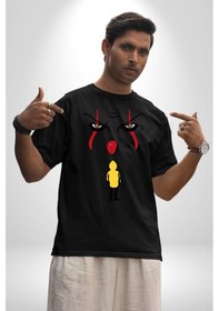 Resim Pennywise Vs Georgie Korku Filmi Pamuklu Bisiklet Yaka Unisex Oversize Boyfriend Dijital Baskılı Siyah T-shirt Siyah 