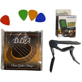 Resim Lilia Klasik Gitar Takım Tel + Metal Kapo + Akort Cihazı + 4 Pena 