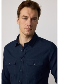Resim Tudors Erkek Slim Fit Dar Kesim Uzun Kollu %100 Pamuk Keten Doku Çift Cep Spor Yaka Lacivert Gömlek-29634 Lacivert 