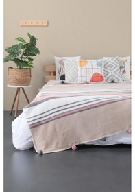 Resim Aksu Ponpon Pamuklu Çift Kişilik Battaniye - Pembe 