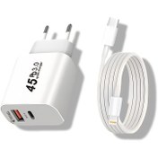 Resim Çift Portlu Hızlı Şarj Cihazı, USB-C Avrupa Seyahat Duvar Güç Adaptörü 2m Tip-C Lightning Veri Kablosu ile, iPhone 14/Pro/Max için Uygun, Beyaz, Dayanıklı Kompakt Şarj Seti 