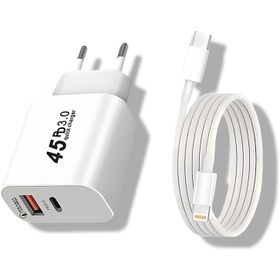 Resim Çift Portlu Hızlı Şarj Cihazı, USB-C Avrupa Seyahat Duvar Güç Adaptörü 2m Tip-C Lightning Veri Kablosu ile, iPhone 14/Pro/Max için Uygun, Beyaz, Dayanıklı Kompakt Şarj Seti 