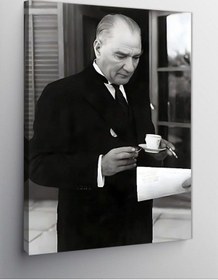 Resim Kanvas Tablo Mustafa Kemal Atatürk Kahve İçerken, 50cm X 70cm 