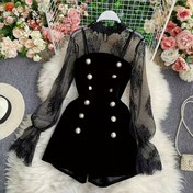 Resim Kadınlar için Şık Siyah Dantel Örgü Üst ve Altın Kadife Tulum Takımı - Şık Uzun Kollu, Düğmeli, Volanlı Etek, Bahar/Sonbahar için Mükemmel, Şık Kıyafet|Volanlı Etek Tulumu|Düğmeli Üst 