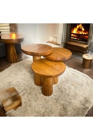 Resim Simillo Home&Living Wood Wooden Ahşap 3’lü Set Fitilli Mantar Yan Sehpa Modern Tik Ağacı Renk Fiskos 