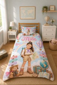 Resim Evmila Karikatüristik Dünya Turu Temalı Nevresim Takımı - 100x150 cm Nevresim ( Bebek Boy Özelleştirilmiş ) + 35x45 cm Yastık Kılıfı 