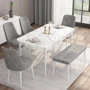 Resim Canisa Concept Are Serisi 80 x 132 cm Açılabilir Benchli Mdf Beyaz Mermer Desen Mutfak Masa Takımı 4 Sandalye 1 Bench 