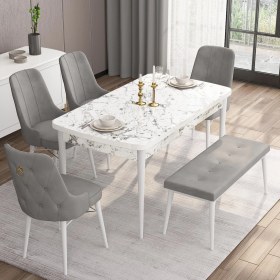 Resim Canisa Concept Are Serisi 80 x 132 cm Açılabilir Benchli Mdf Beyaz Mermer Desen Mutfak Masa Takımı 4 Sandalye 1 Bench 