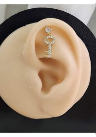 Resim Kilit Anahtar Model Kıkırdak Piercing Tragus Helix Altın Gold Renk Küpe 