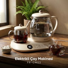 Resim Fressi FR-CM03 Standlı Dijital Göstergeli Çay Makinesi 600W, Krem, Çift Cam Demlikli ve Otomatik Kapanma Özellikli 