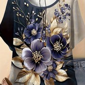 Resim Kadınların Büyük Beden Rahat 3D Çiçek Baskılı Kısa Kollu T-Shirt - Yuvarlak Yaka, Esnek Polyester Karışımı, Altın Detaylı Koyu Mavi, Yaz Dış Mekan Üstü, Rahat Fit Tee|Şık Rahat Stil|Parlak Kumaş, Bayan T Shirt 