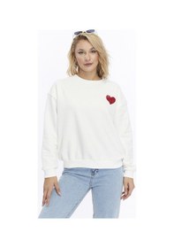 Resim Gidia Kadife Kalp Desenli Ekru Yumuşak Dokulu Regular Fit Bisiklet Yaka Kadın Sweatshirt Ekru 