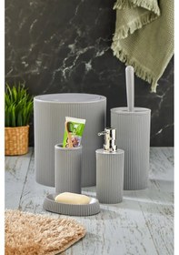 Resim Line 5 Parça Yuvarlak Banyo Seti - Çöp Kovası Wc Fırçası Sıvı-katı Sabunluk Diş Fırças Gri 