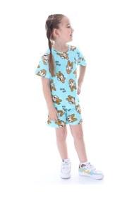 Resim %100 Pamuk Interlok Kumaş Kısa Kollu Şortlu Kız Çocuk Pijama Takımı 3,4,5,6,7,8 Yaş Turkuaz 