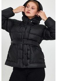 Resim Alisse-kadın Siyah Kapüşonlu Kemerli Şişme Mont Kaban Siyah 