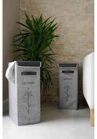 Resim Evren Deri Detaylı Keçe Çamaşır Sepeti Oyuncak Saklama Kutusu Gri 