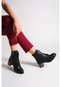 Resim Dıana Bağcıklı Fermuarlı Ortopedik Taban Topuklu Kadın Bot Cst - Siyah Siyah 