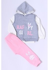 Resim Kız Bebek Yelekli Takım Kapşonlu Çıtçıtlı Tavşan Baskılı A15 Pembe 