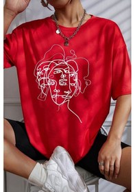 Resim Unisex Woman One Line Baskılı Tasarım Tshirt Kırmızı 