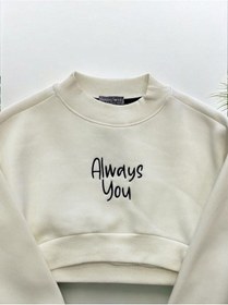 Resim Kız Çocuk Üç İplik Şardonlu Always Yazılı Crop Sweatshirt-14377 KREM 