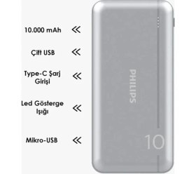 Resim Philips 10000 Mah Powerbank Micro USB Uyumlu Taşınabilir Şarj Cihazı 