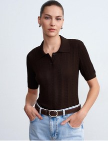 Resim Dilvin 10781 Polo Yaka Ajurlu Triko Bluz-koyu Kahve 