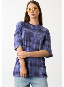 Resim Bisiklet Yaka Batik Baskı T-shirt Mavi 