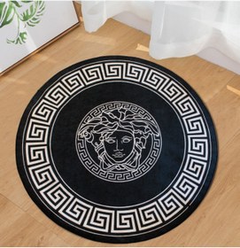 Resim Medusa Motif Yuvarlak Siyah Versace Halı - Kaymaz Taban, Makinede Yıkanabilir - 100 x 100 Cm 