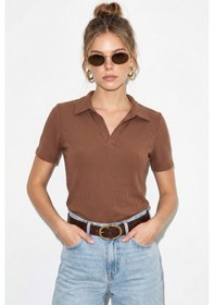 Resim Shade Kadın Fitilli Polo Yaka Kısa Kollu Basic T-shirt 60382602 - Kahve 